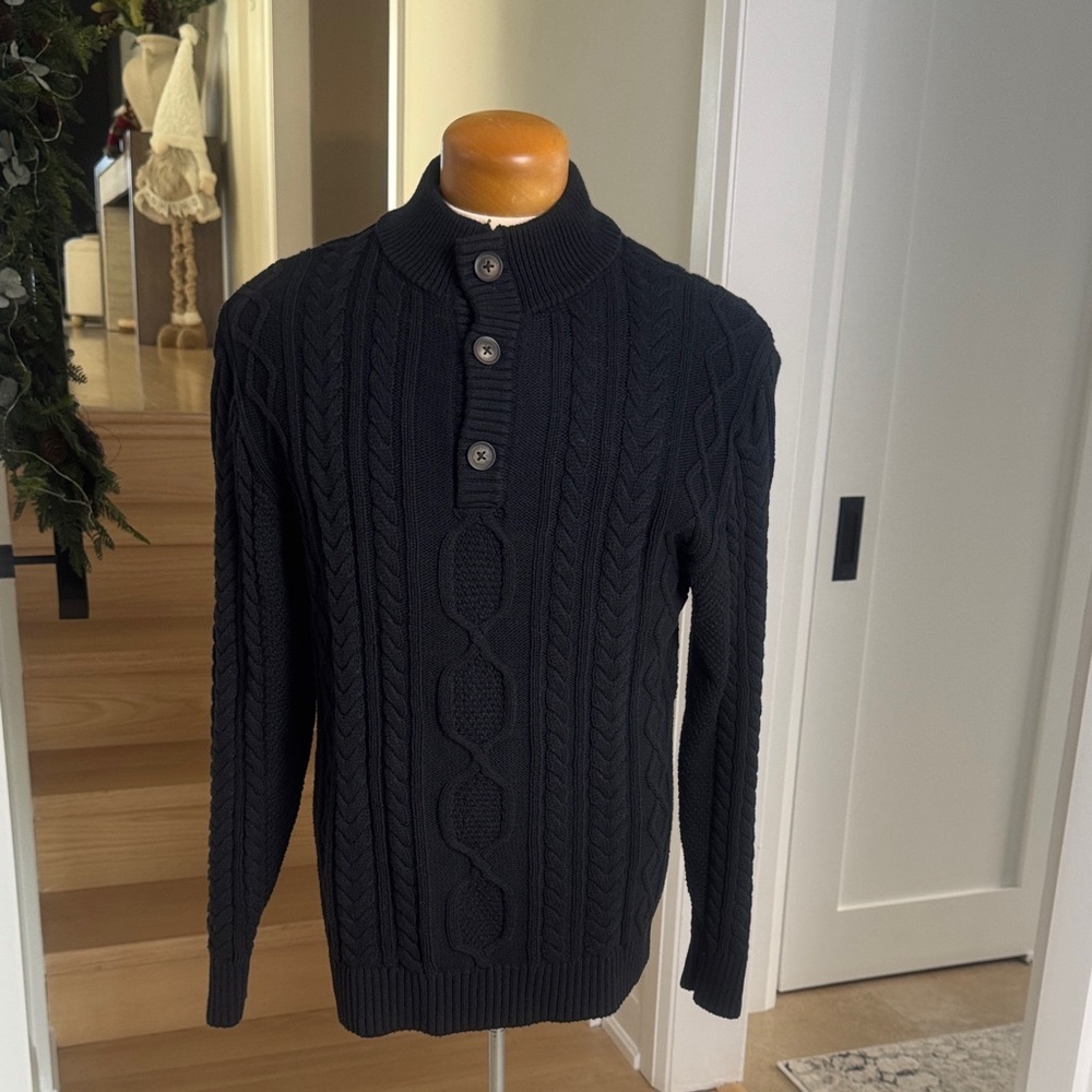 Tilley Black Cable Knit Button Mock Neck Sweater S